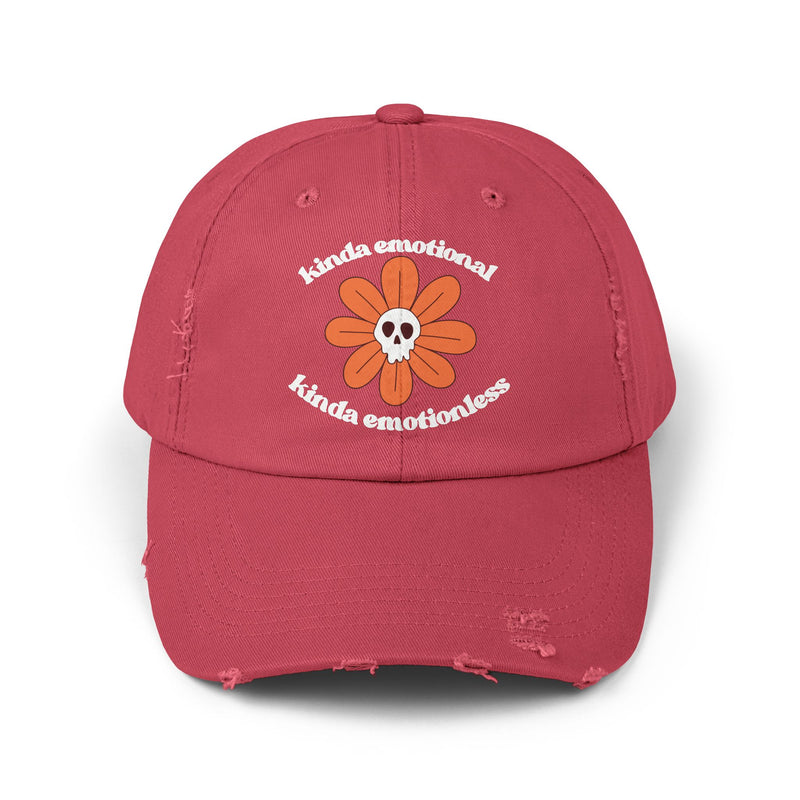 Kinda Emotional Kinda Emotionless Unisex Distressed Cap — Floral Skull Mental Health Awareness Baseball Hat