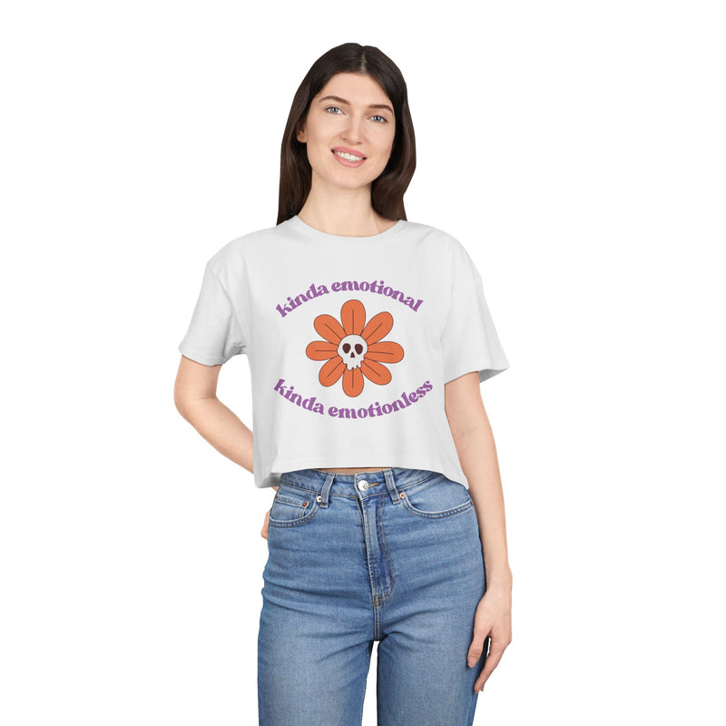 Crop Tee — 'Kinda Emotional, Kinda Emotionless' Retro Flower Skull Graphic T-shirt Top