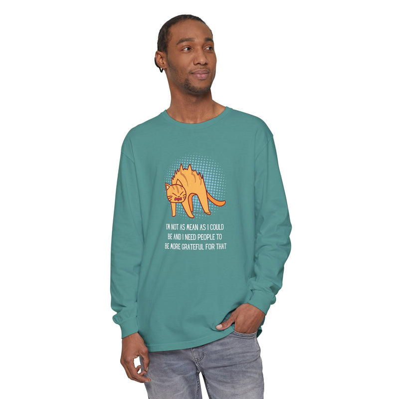 Sassy Cat Illustration Long Sleeve Tee — “I’m Not As Mean As I Could Be” Oversize T-Shirt