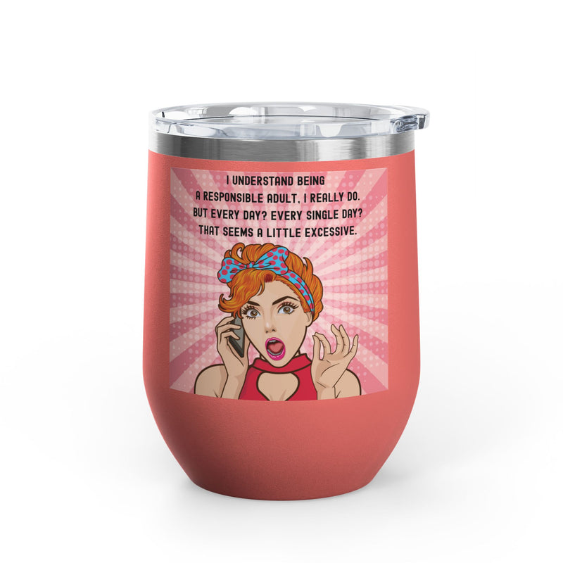 "Responsible Adult"Retro Pop Art Insulated Wine Tumbler - Stainless Steel 12oz