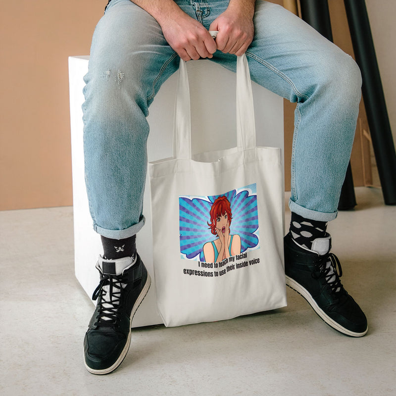 Retro Pop Art Reusable Tote Bag — "Teach My Facial Expressions to Use Their Inside Voice" Large Cotton Shopper
