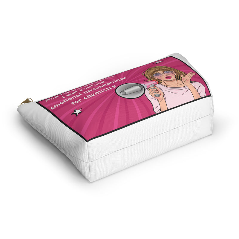 Large Size Accessory Pouch — Pink Pop Art Cosmetic Bag with Quote: “And for my next trick I will confuse emotional unavailability for chemistry”