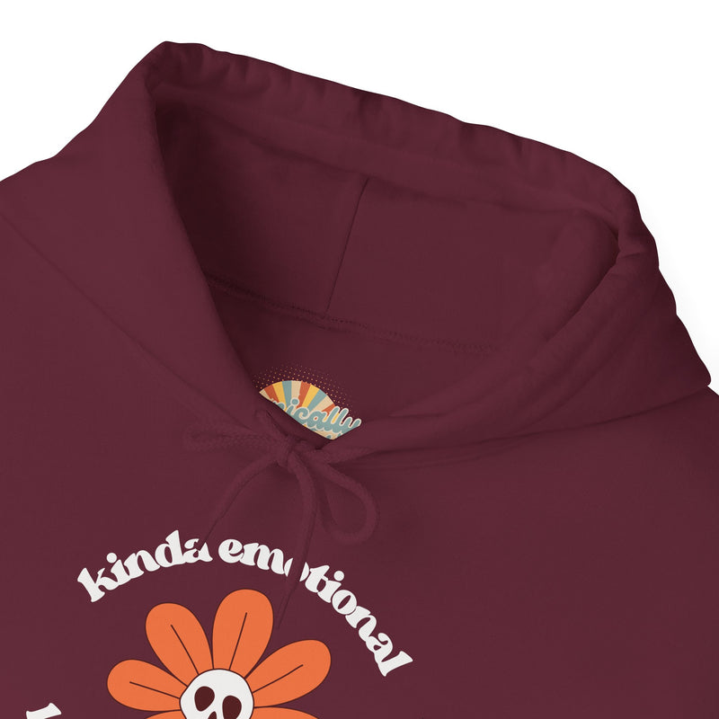 Floral Skull Graphic Hoodie — "Kinda Emotionless, Kinda Emotional" Mental Health Awareness Hooded Sweatshirt