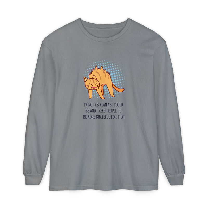 Sassy Cat Illustration Long Sleeve Tee — “I’m Not As Mean As I Could Be” Oversize T-Shirt