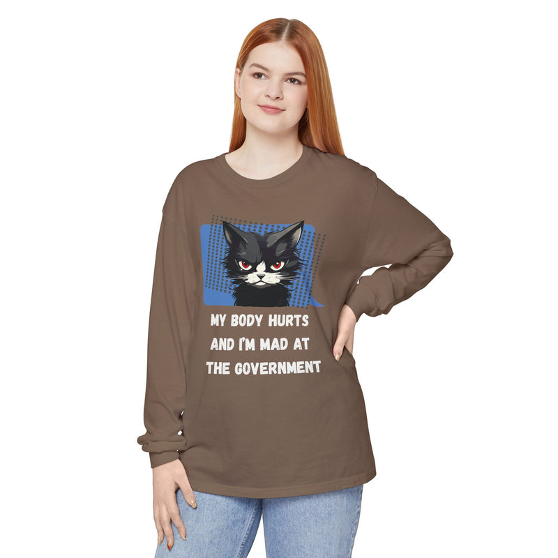 Long Sleeve T‑Shirt – "My Body Hurts and I’m Mad at the Government" Cat Graphic Oversized Tee