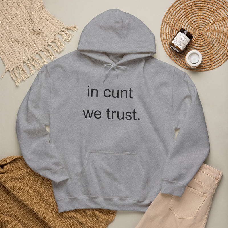 Hoodie — "in cunt we trust." Minimalist Provocative Text Hooded Sweatshirt