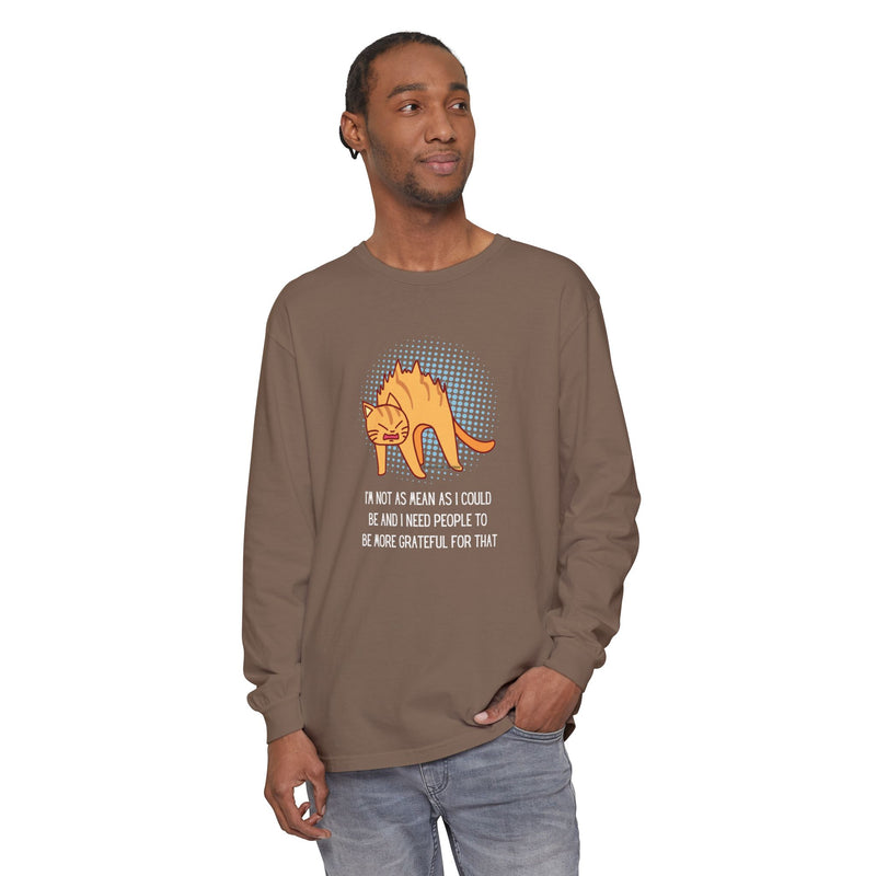 Sassy Cat Illustration Long Sleeve Tee — “I’m Not As Mean As I Could Be” Oversize T-Shirt