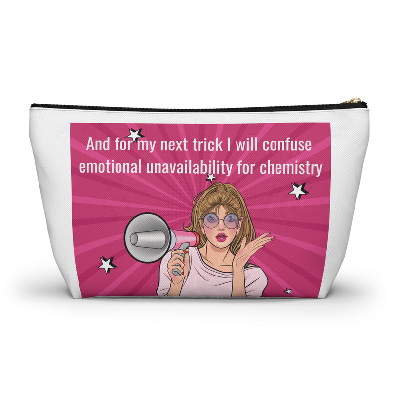 Large Size Accessory Pouch — Pink Pop Art Cosmetic Bag with Quote: “And for my next trick I will confuse emotional unavailability for chemistry”
