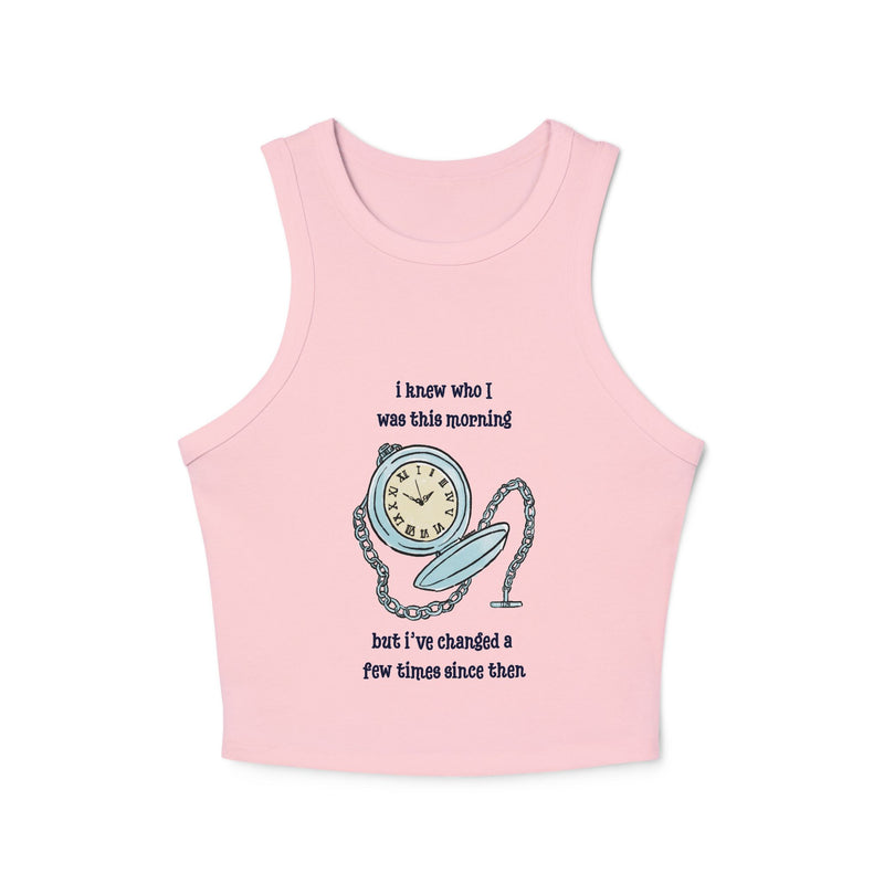 Women's Racer Tank — 'I Knew Who I Was This Morning' Wonderland Graphic Crop Top