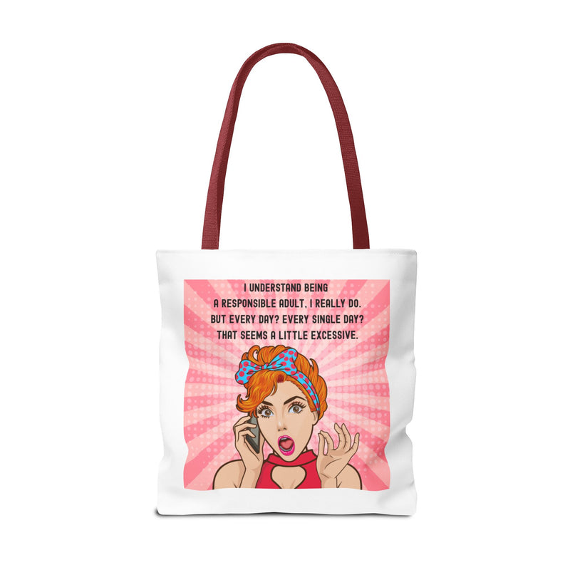 Large 18" x 18" Retro Pop Art Tote Bag — "Being a Responsible Adult" Graphic Tote