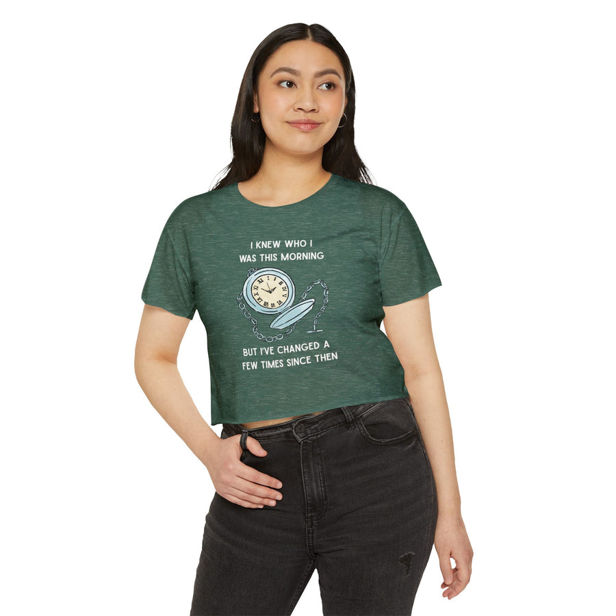 Women's Crop Top T-shirt — 'I Knew Who I Was This Morning' Wonderland Graphic Tee