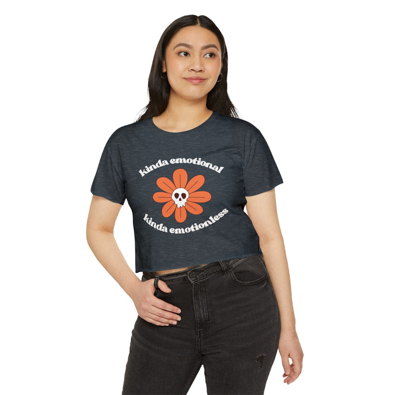 Crop Top — "Kinda Emotional Kinda Emotionless" Skull Flower Festival Tee