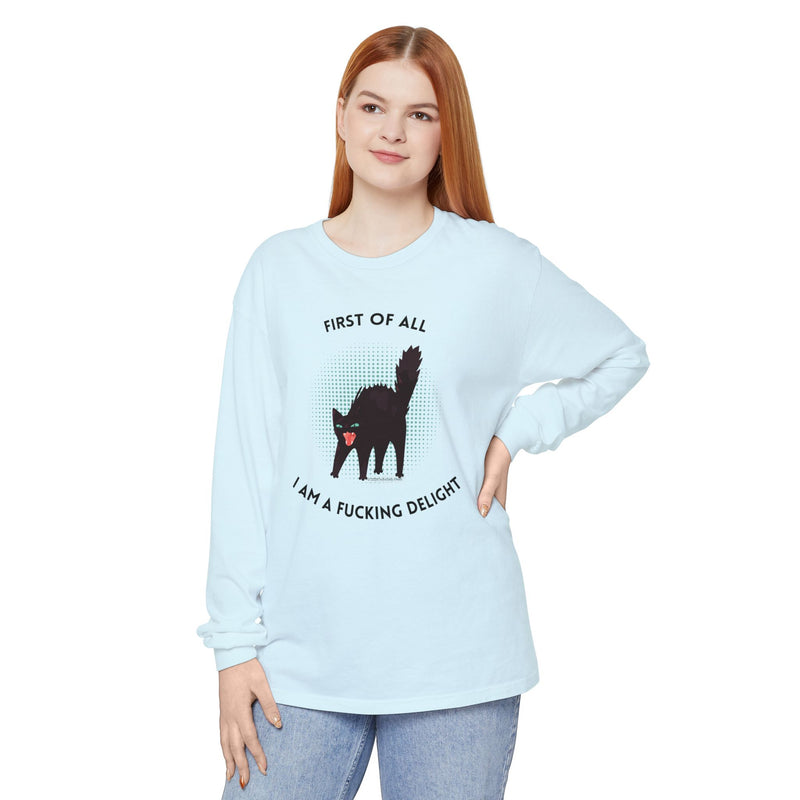 Long Sleeve Tee — “First of All I Am a Fucking Delight” Black Cat Graphic Oversized T-Shirt