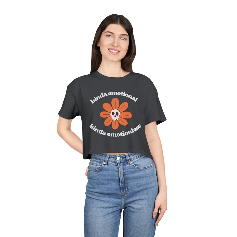 Crop Tee — 'Kinda Emotional, Kinda Emotionless' Retro Flower Skull Graphic T-shirt Top
