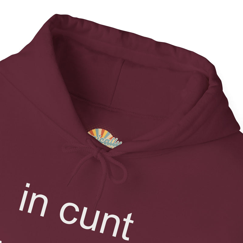Hoodie — "in cunt we trust." Minimalist Provocative Text Hooded Sweatshirt