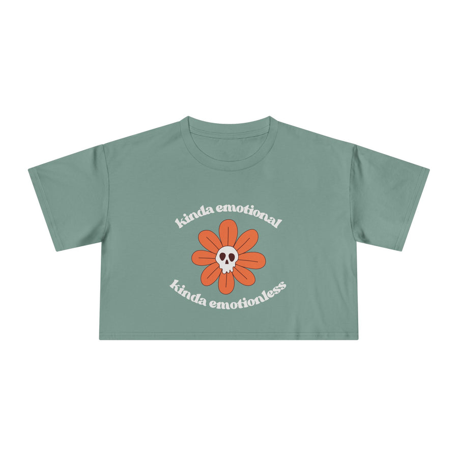 Crop Tee — 'Kinda Emotional, Kinda Emotionless' Retro Flower Skull Graphic T-shirt Top