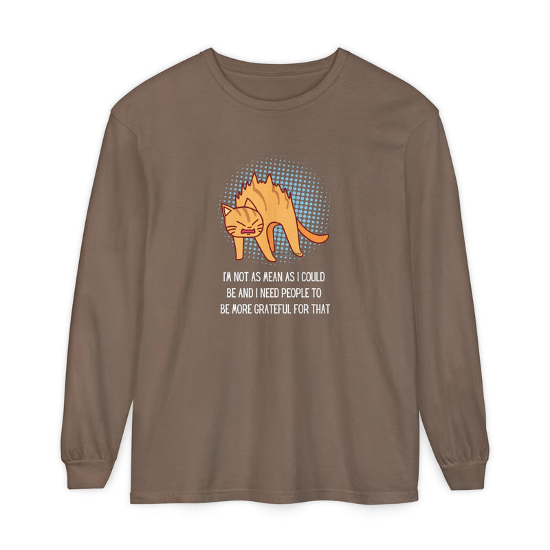 Sassy Cat Illustration Long Sleeve Tee — “I’m Not As Mean As I Could Be” Oversize T-Shirt