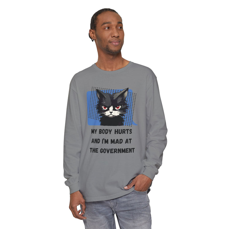 Long Sleeve T‑Shirt – "My Body Hurts and I’m Mad at the Government" Cat Graphic Oversized Tee