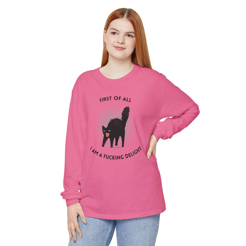 Long Sleeve Tee — “First of All I Am a Fucking Delight” Black Cat Graphic Oversized T-Shirt