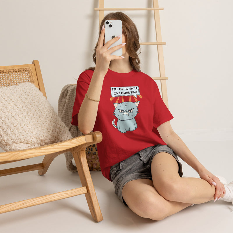 Graphic T-Shirt — Sassy Cat Tee "Tell Me To Smile One More Time"