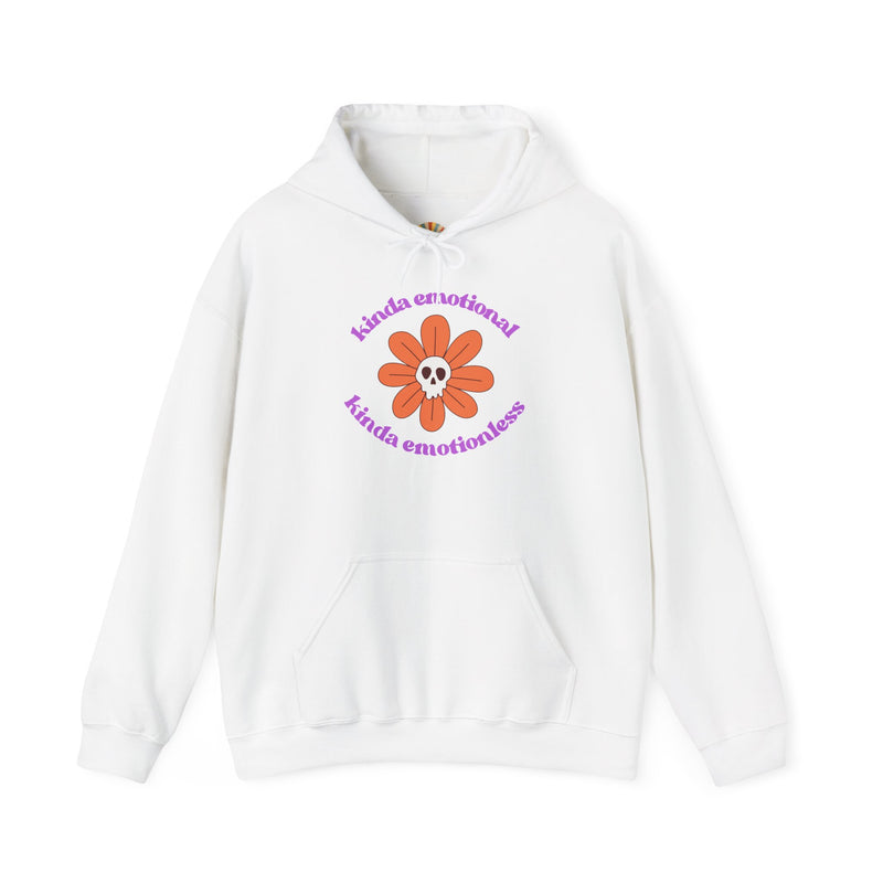 Floral Skull Graphic Hoodie — "Kinda Emotionless, Kinda Emotional" Mental Health Awareness Hooded Sweatshirt
