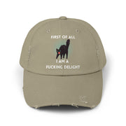 Distressed Baseball Cap — "First Of All I Am A Fucking Delight" Sassy Cat Hat