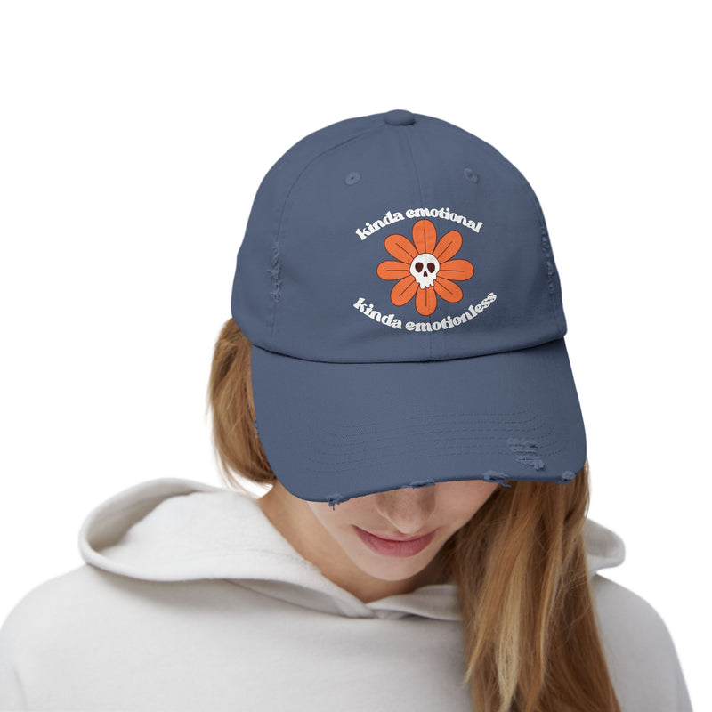 Kinda Emotional Kinda Emotionless Unisex Distressed Cap — Floral Skull Mental Health Awareness Baseball Hat