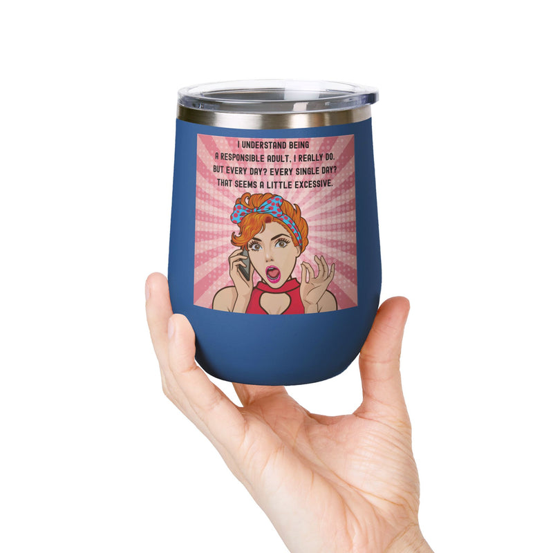 "Responsible Adult"Retro Pop Art Insulated Wine Tumbler - Stainless Steel 12oz