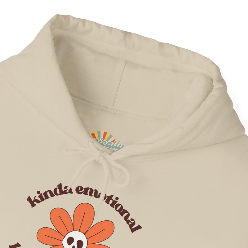 Floral Skull Graphic Hoodie — "Kinda Emotionless, Kinda Emotional" Mental Health Awareness Hooded Sweatshirt