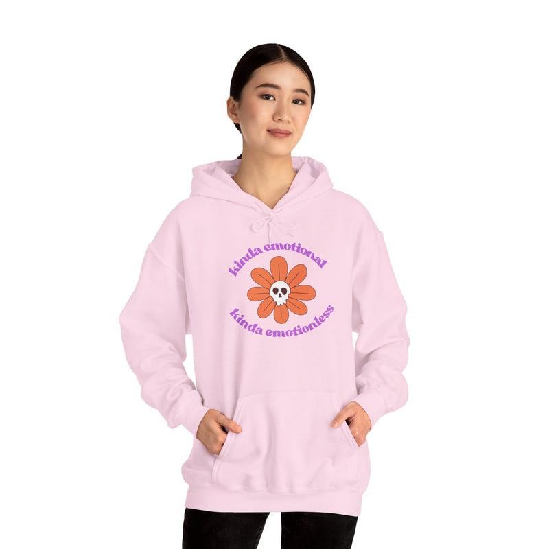 Floral Skull Graphic Hoodie — "Kinda Emotionless, Kinda Emotional" Mental Health Awareness Hooded Sweatshirt