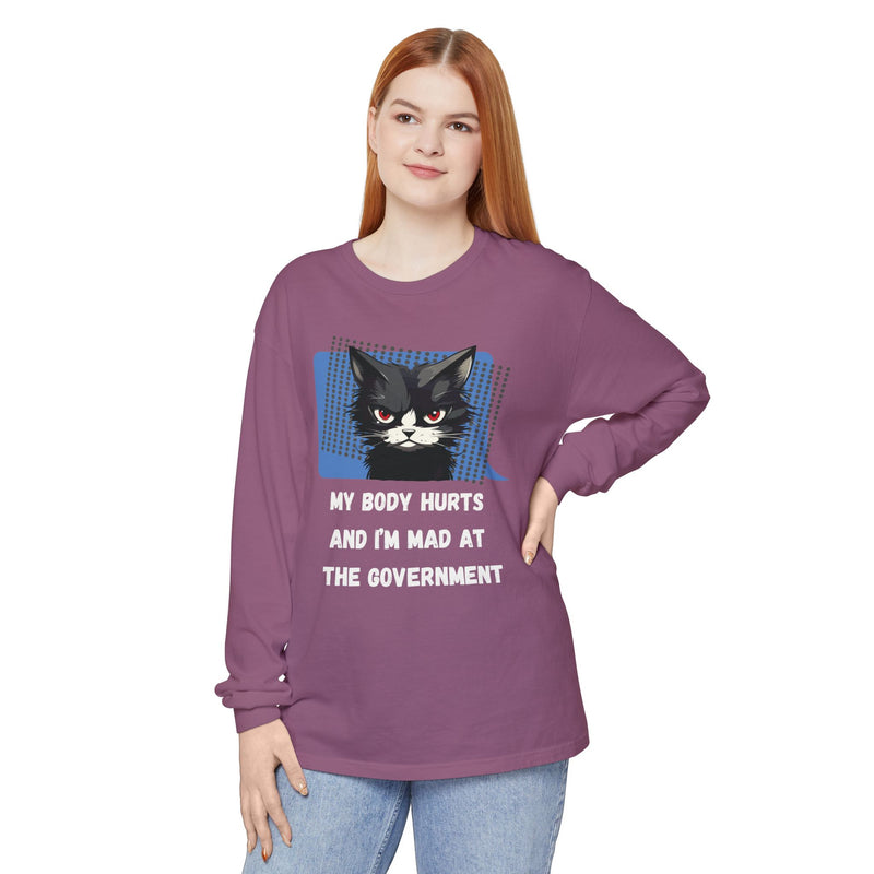 Long Sleeve T‑Shirt – "My Body Hurts and I’m Mad at the Government" Cat Graphic Oversized Tee