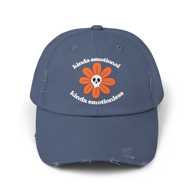 Kinda Emotional Kinda Emotionless Unisex Distressed Cap — Floral Skull Mental Health Awareness Baseball Hat