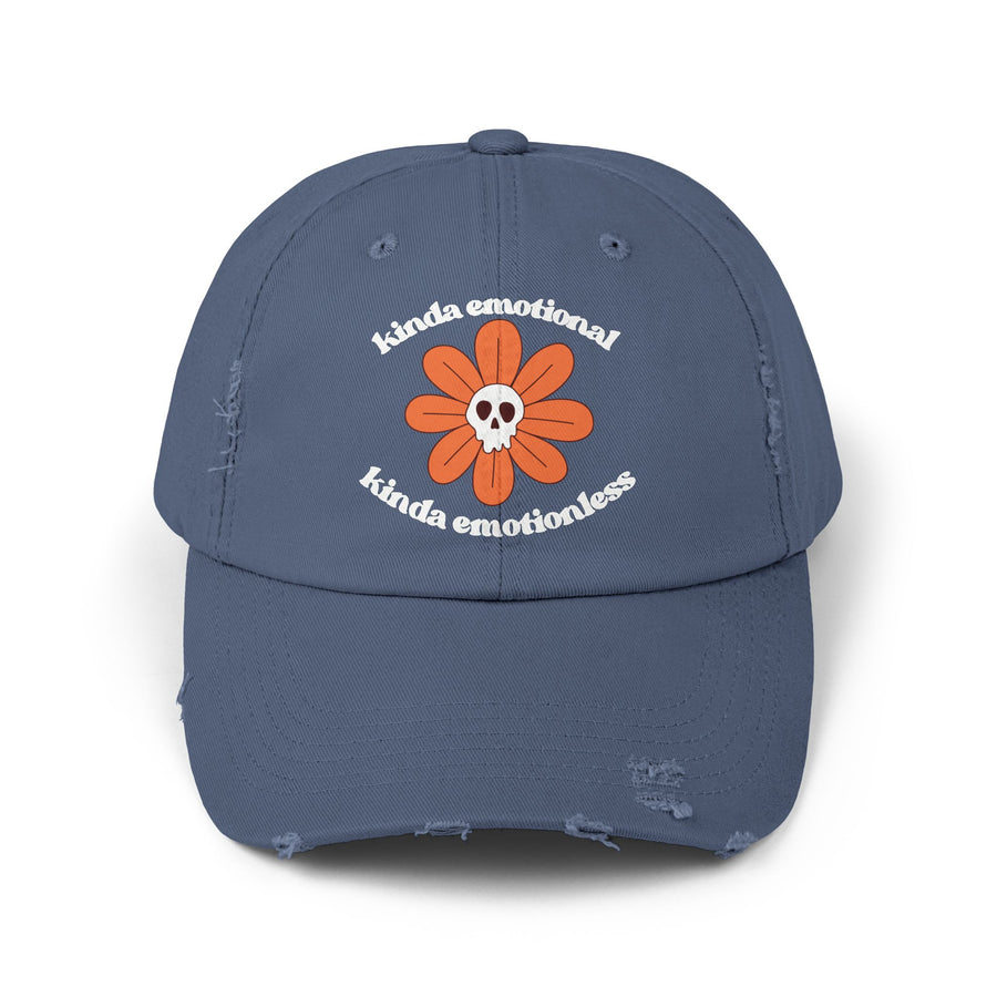 Kinda Emotionless Kinda Emotional Distressed Cap — Floral Skull Baseball Hat