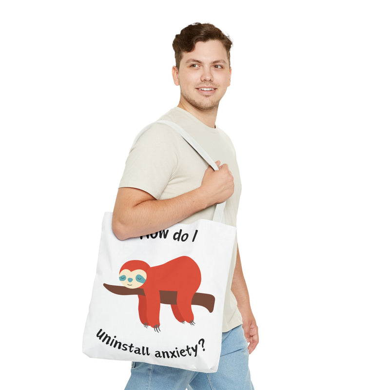 Large 18" x 18" How Do I Uninstall Anxiety? Exhausted Sloth Graphic Tote Bag