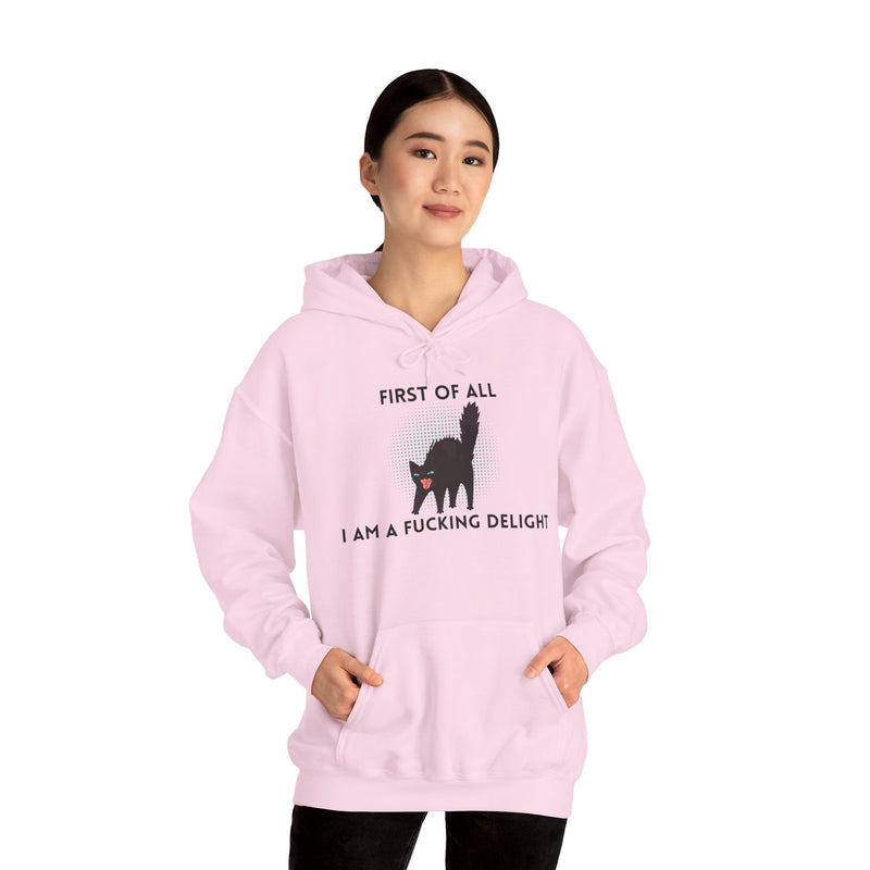 Sassy Cat Unisex Hoodie — "...I Am A Fucking Delight!" Graphic Hooded Sweatshirt