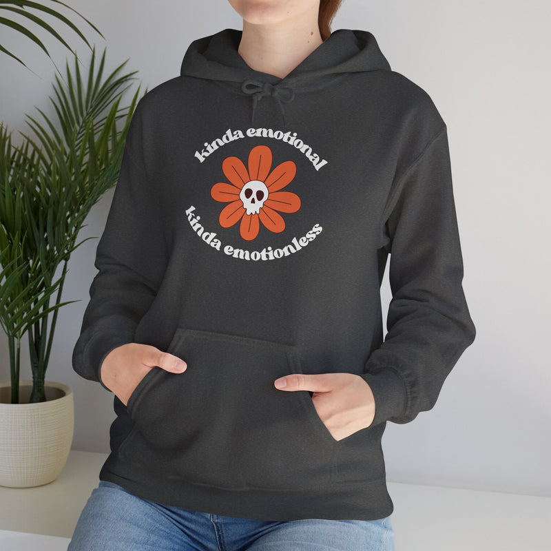 Floral Skull Graphic Hoodie — "Kinda Emotionless, Kinda Emotional" Mental Health Awareness Hooded Sweatshirt