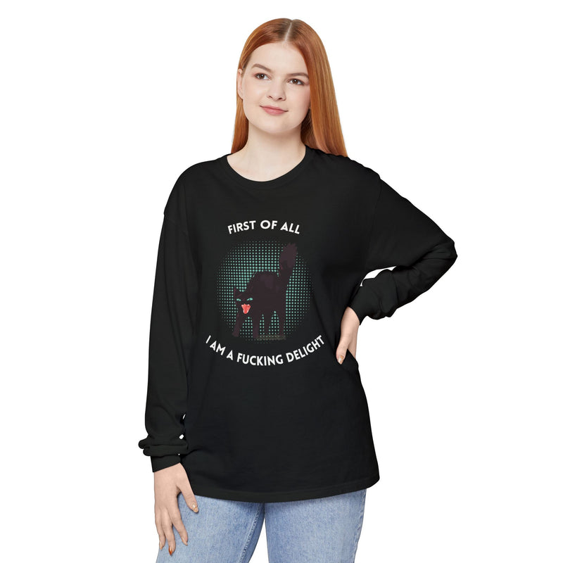 Long Sleeve Tee — “First of All I Am a Fucking Delight” Black Cat Graphic Oversized T-Shirt
