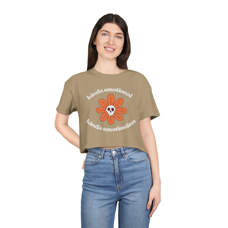 Crop Tee — 'Kinda Emotional, Kinda Emotionless' Retro Flower Skull Graphic T-shirt Top