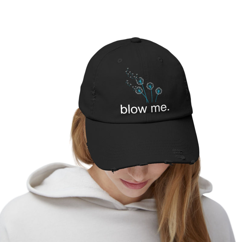 "Blow Me" Dandelion Cap — Distressed Baseball Hat