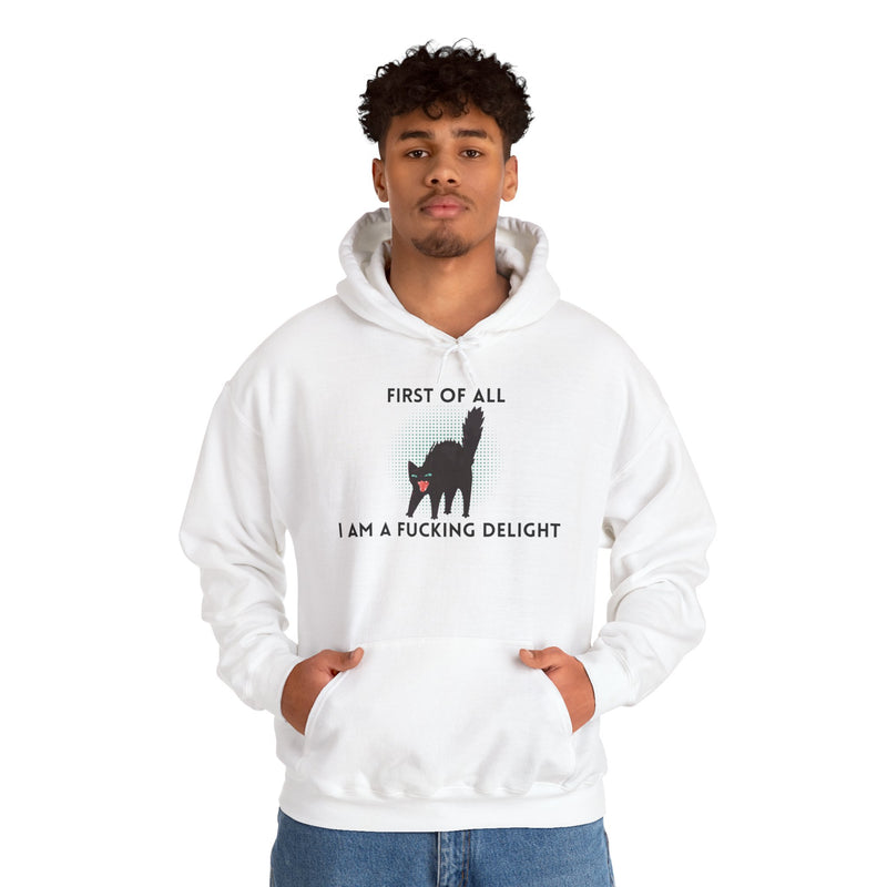 Sassy Cat Unisex Hoodie — "...I Am A Fucking Delight!" Graphic Hooded Sweatshirt