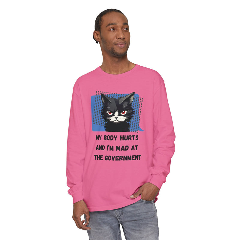 Long Sleeve T‑Shirt – "My Body Hurts and I’m Mad at the Government" Cat Graphic Oversized Tee