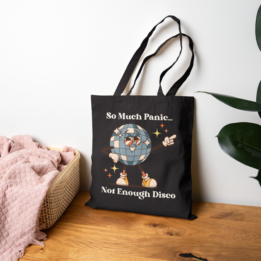 "So Much Panic Not Enough Disco" Canvas Tote Bag — Retro Disco Globe Reusable Market Bag