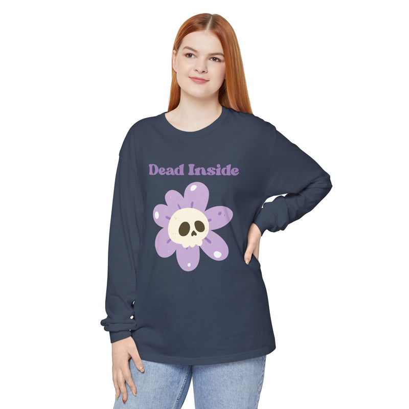 "Dead Inside" Oversized T-Shirt - Skull Flower Long Sleeve Tee