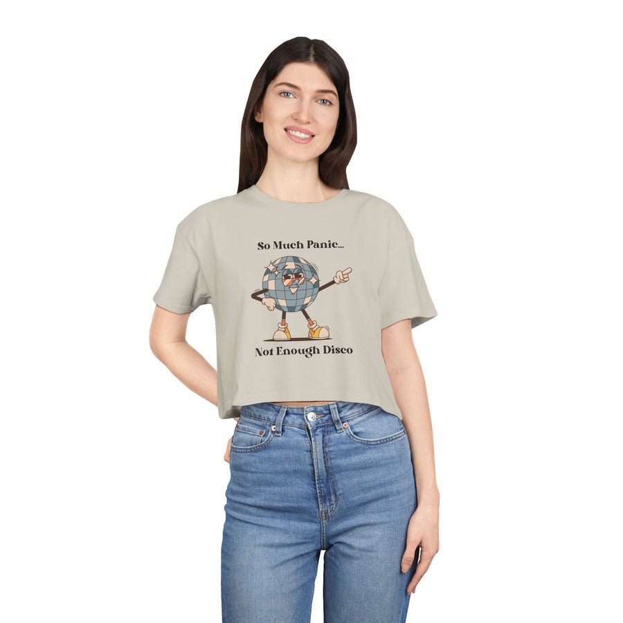 Disco Globe Ball Crop Tee — "So Much Panic... Not Enough Disco" Graphic T-shirt Top