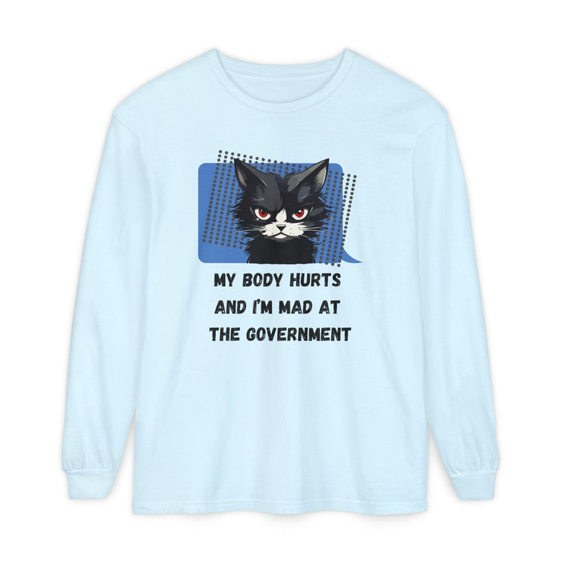 Long Sleeve T‑Shirt – "My Body Hurts and I’m Mad at the Government" Cat Graphic Oversized Tee