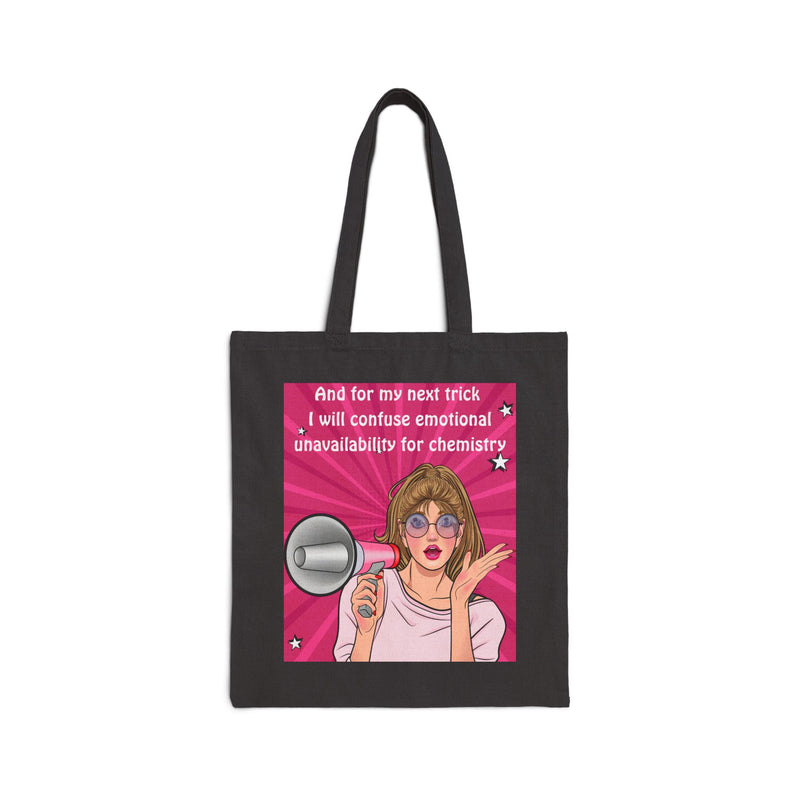 Cotton Canvas Tote Bag — Retro Pop Art Megaphone Design: "...and for my next trick, I will confuse emotional unavailability for chemistry"