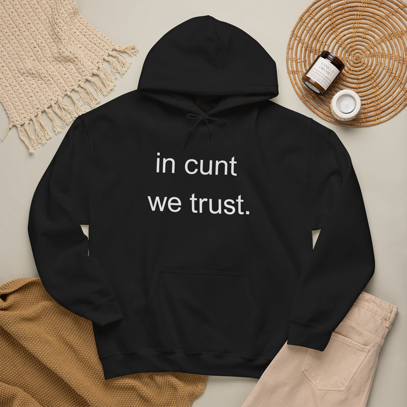 Hoodie — "in cunt we trust." Minimalist Provocative Text Hooded Sweatshirt