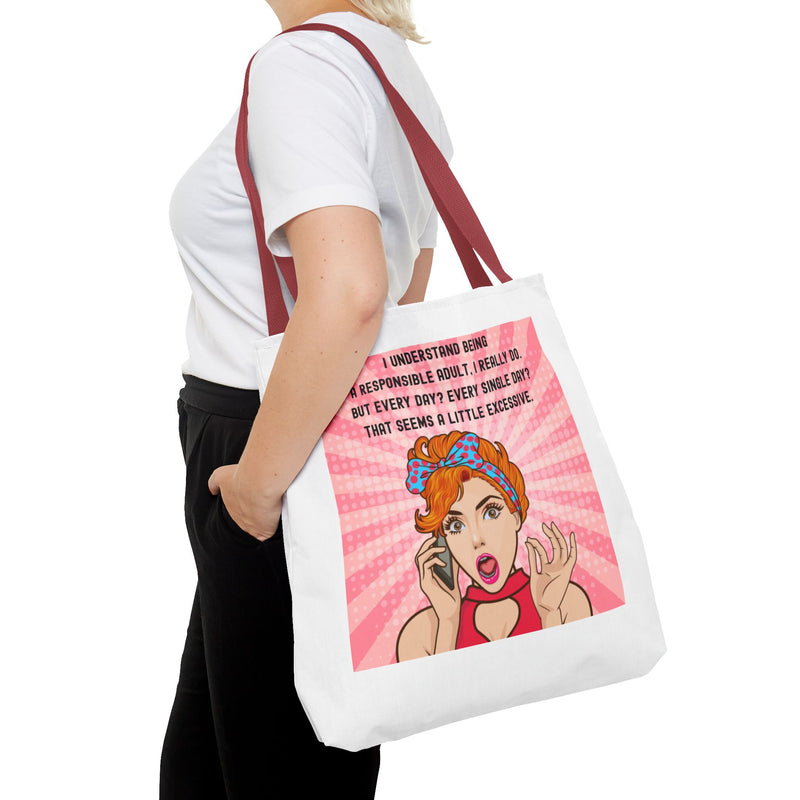 Large 18" x 18" Retro Pop Art Tote Bag — "Being a Responsible Adult" Graphic Tote