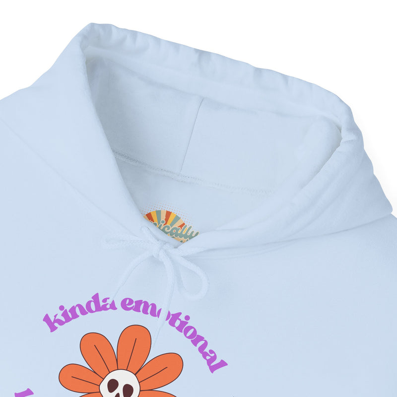 Floral Skull Graphic Hoodie — "Kinda Emotionless, Kinda Emotional" Mental Health Awareness Hooded Sweatshirt