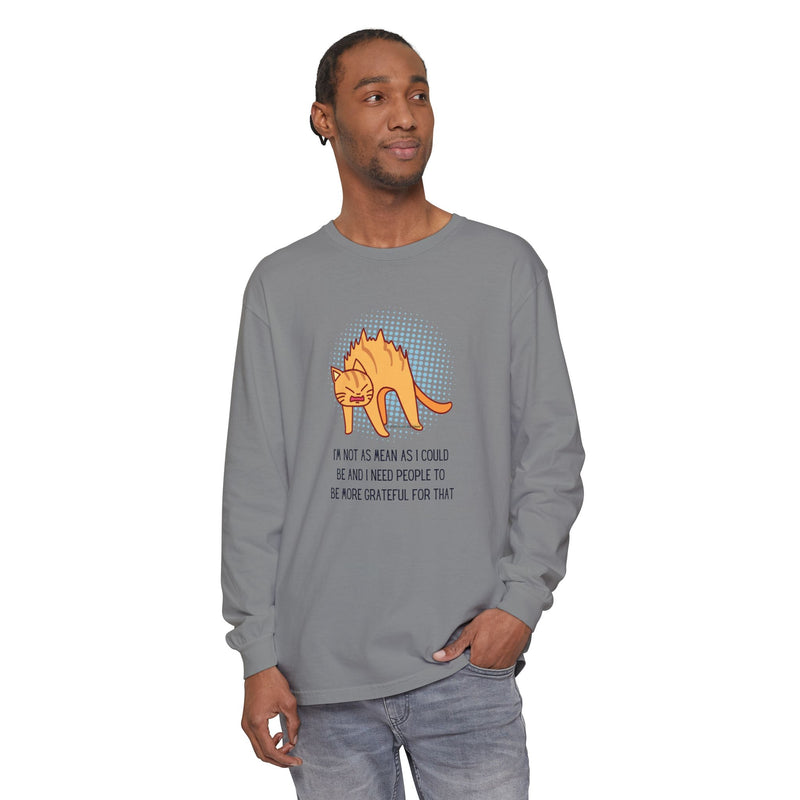 Sassy Cat Illustration Long Sleeve Tee — “I’m Not As Mean As I Could Be” Oversize T-Shirt